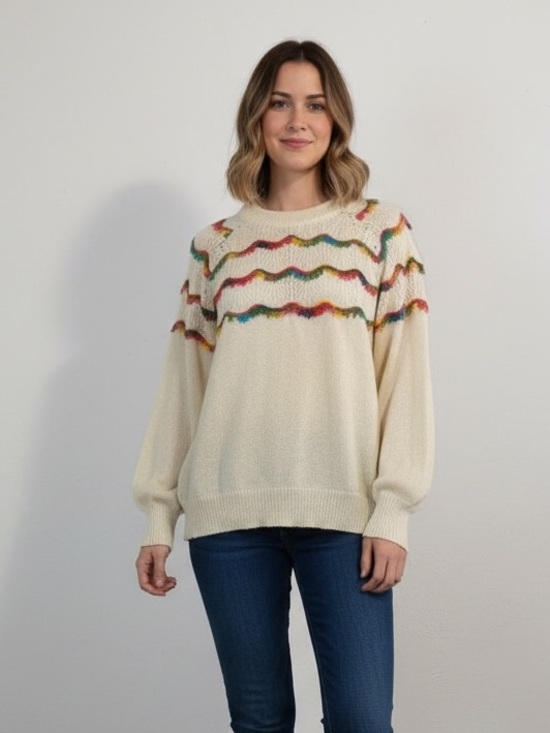 ANDTHEWAY Sweaters - ANDTHEWHY Ivory Long Sleeve Sweater, Tie Neck, Multi Color Design, Eyelets S/M